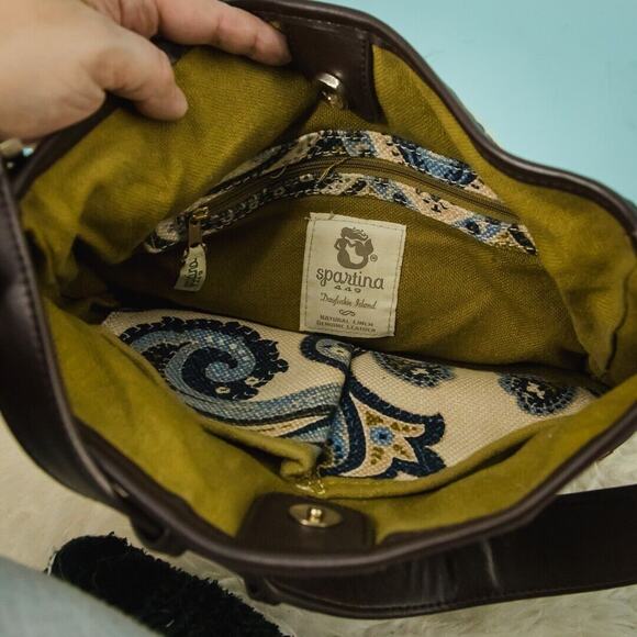 Spartina 449 Juliette Stanley Blue Paisley Brown Leather Linen Bucket Bag Purse - Picture 5 of 7